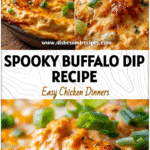 Close-up of spooky Halloween Buffalo Chicken Dip in a crockpot topped with melted cheese and green onion garnish.